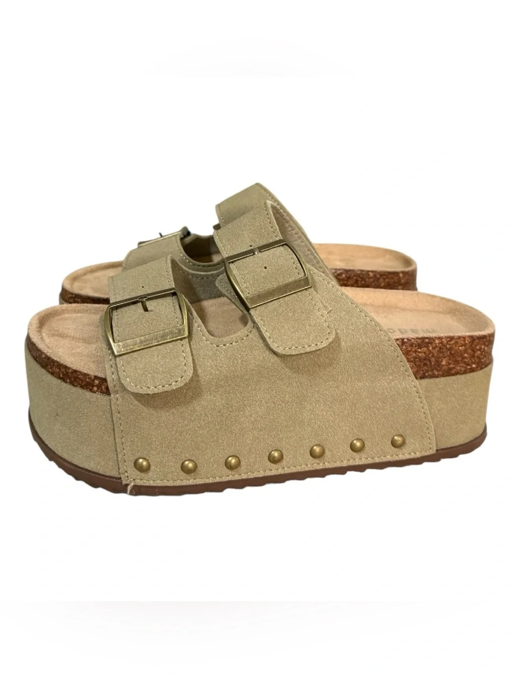 Madden Girl Double Buckle Platform Slide Sandals Taupe Women’s Size 6